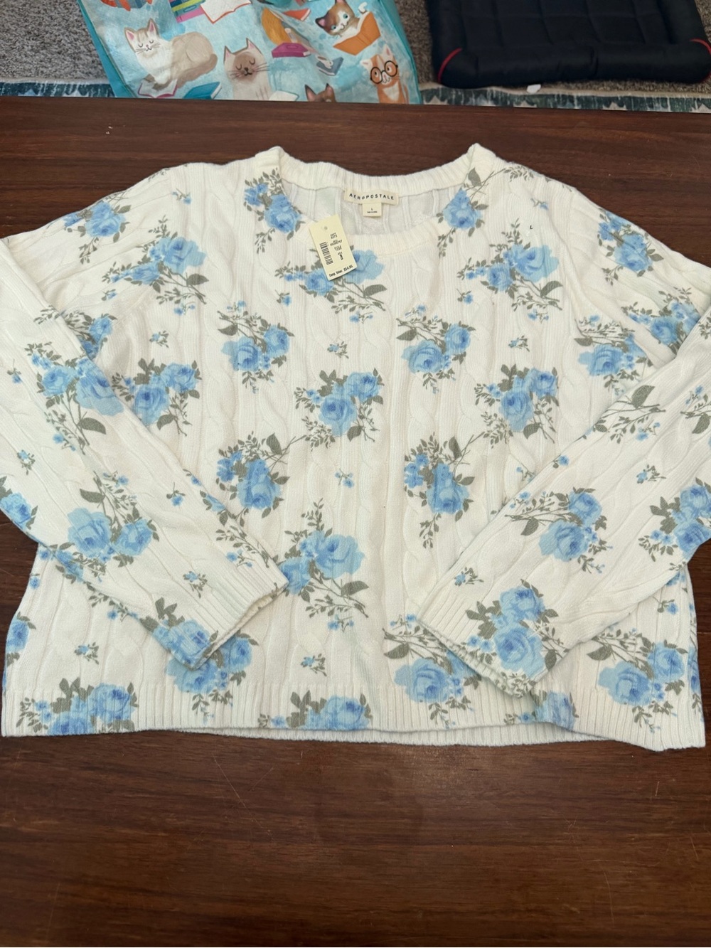 Aeropostale Cream Cable-Knit Sweater with Blue Floral Print